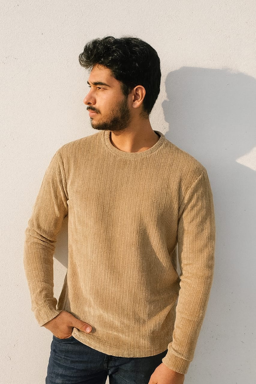 Rysto Club Ribbed Beige Corded Textured Sweat Shirt